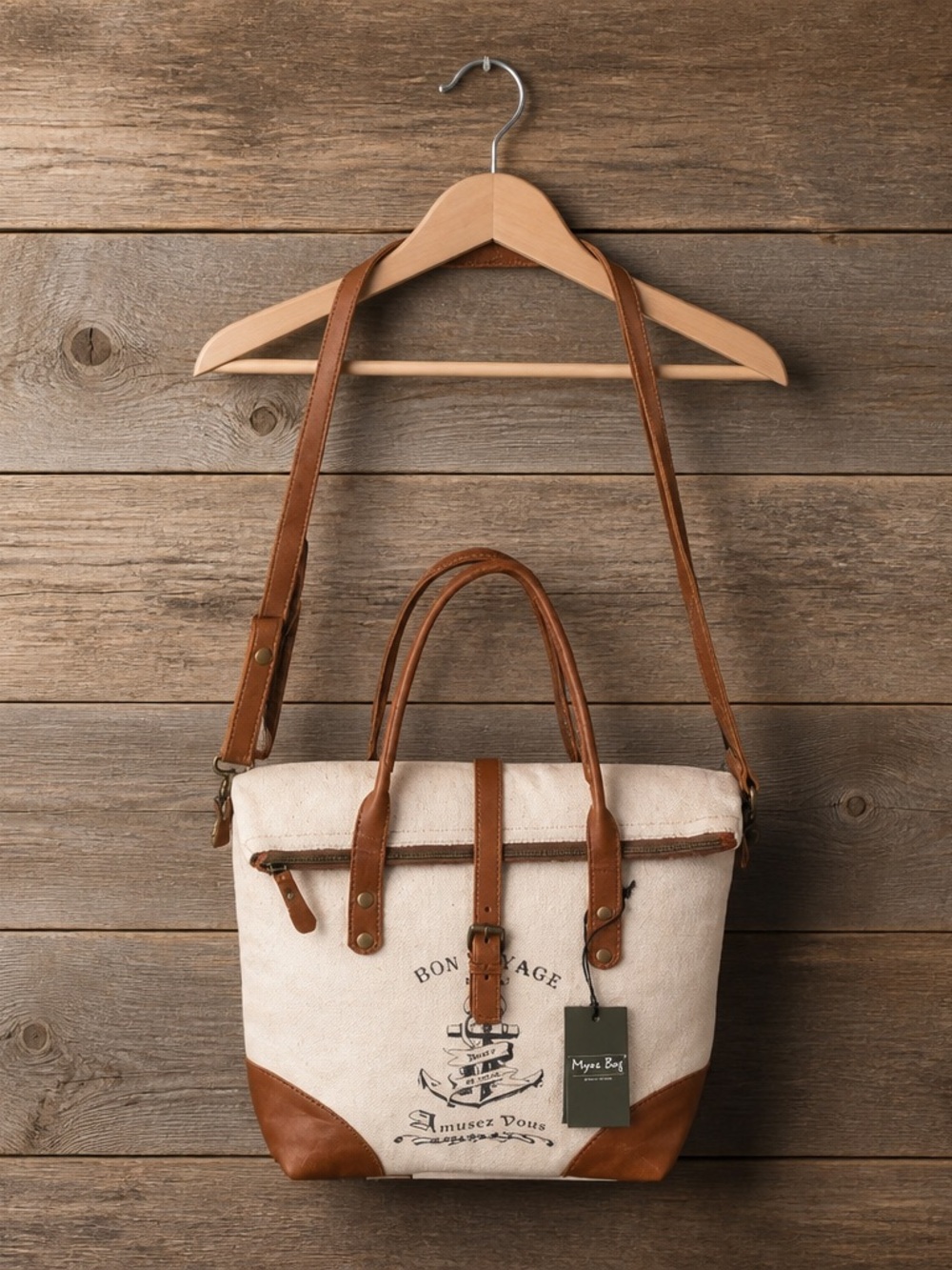 Myra Bag Cream & Brown Canvas  Tote